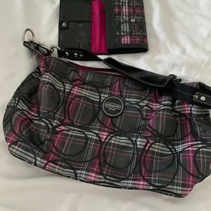 Coach Purse & Matching Wallet: Pink, Black, Grey Plaids with Hints of Glitter